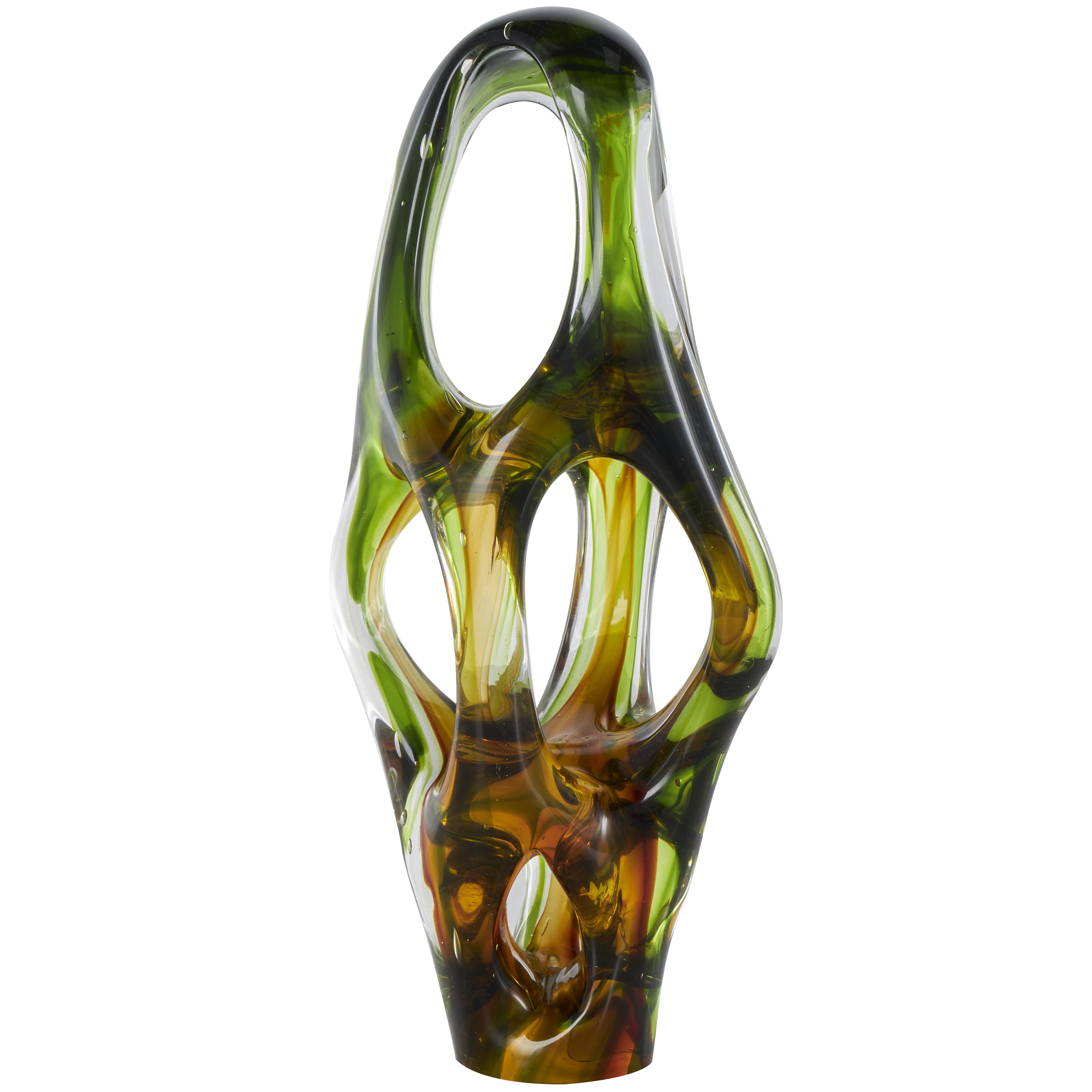 Green Abstract Sculpture With Amber Accents