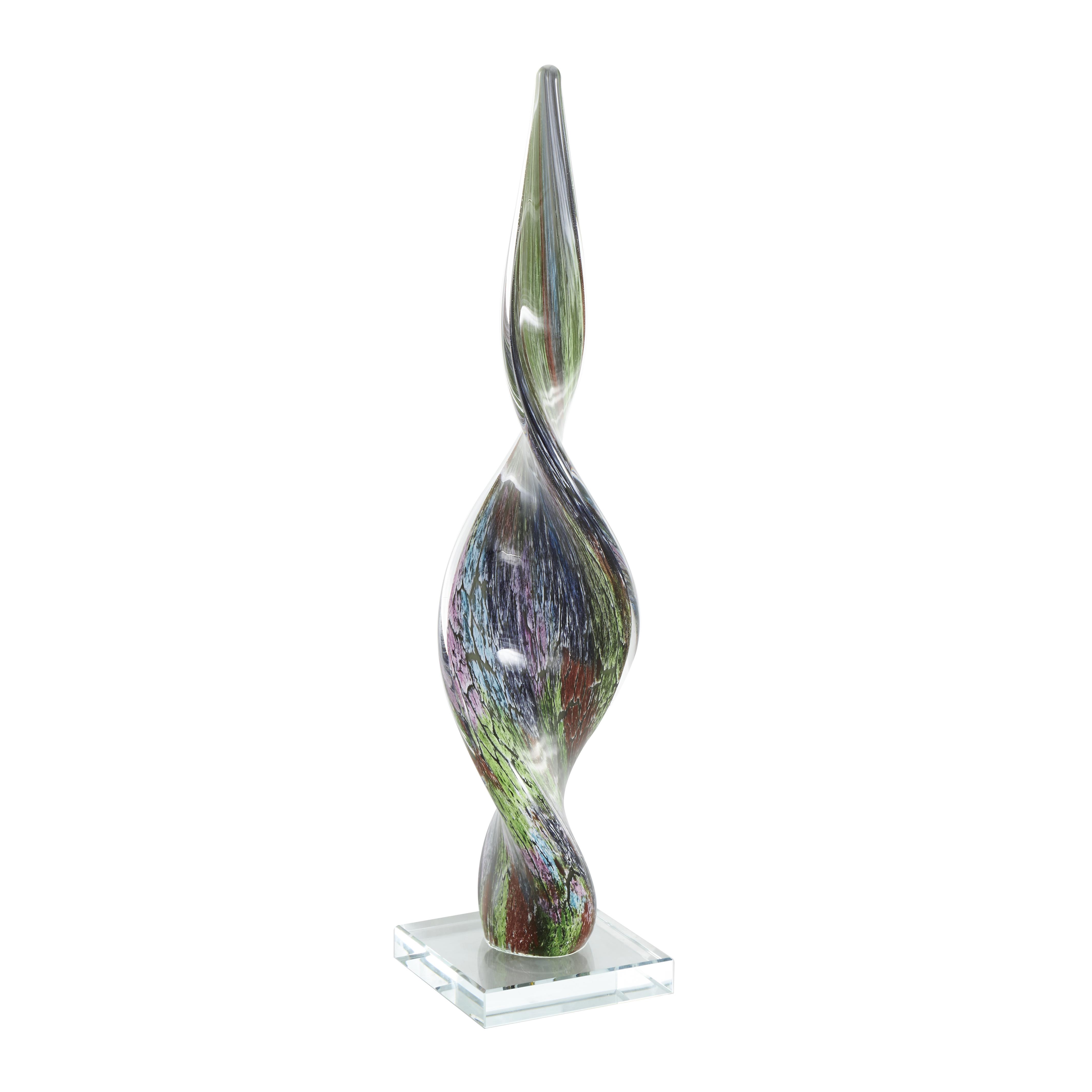 Multicolored Glass Abstract Swirl Sculpture With Clear Base